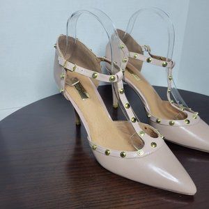 Halogen Blush Pink Martine Size 9.5 Patent Leather Studded T Strap Heels Womens